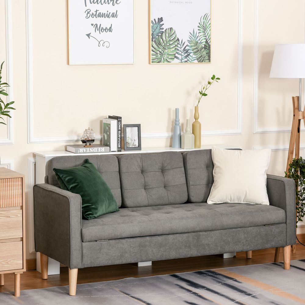 3-Seater Button-Tufted Fabric Sofa - Hidden Storage, Rubberwood Legs