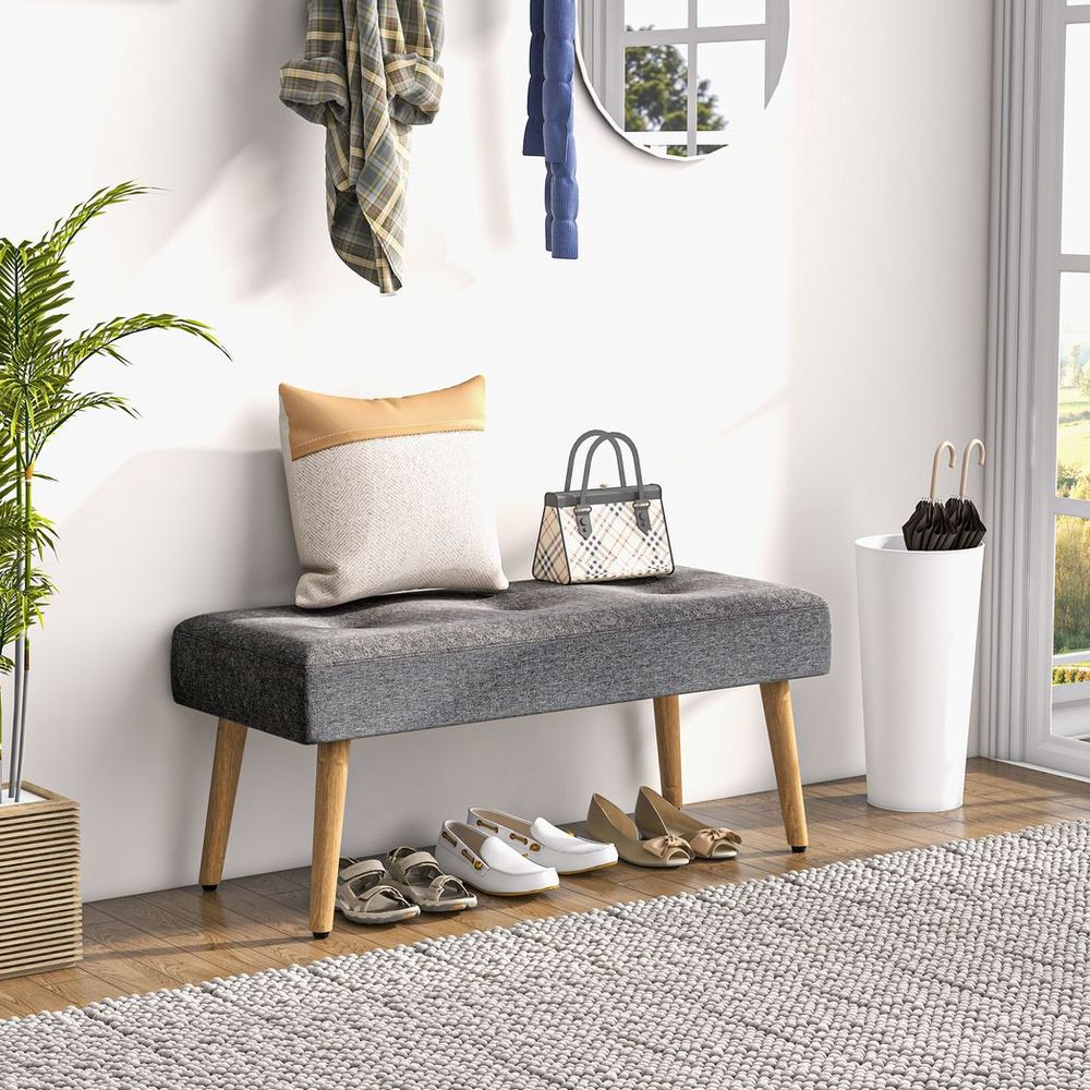 Upholstered Bed End Bench Ottoman: Tufted Linen for Entryway & Living Room