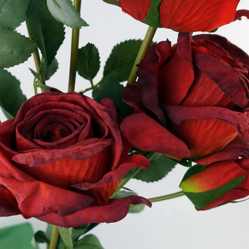 60cm Artificial Red Rose Spray with 4 Flowers and 3 Buds