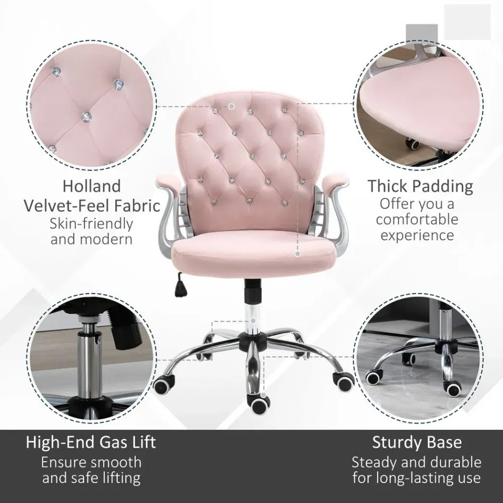 Pink Luxury Velour Office Chair with Diamond Tufted Ergonomics and 360° Swivel