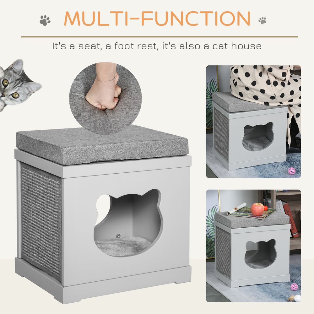 Grey Cat House Bed with Soft Cushion and Sisal Scratching Pad, Ideal for Kittens and Cats