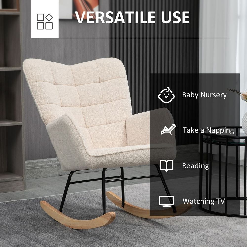 Beige Wingback Rocking Chair with Steel Frame and Wooden Base for Nursing Comfort