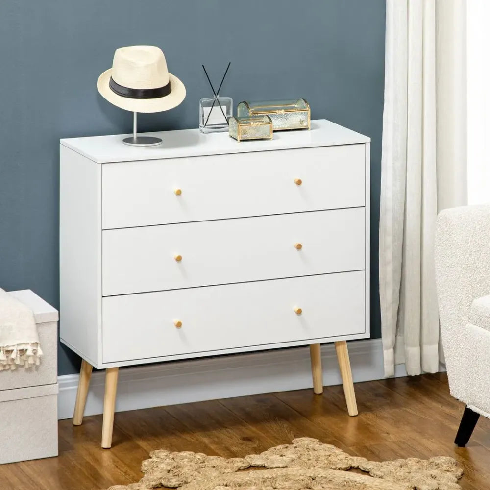 White 3-Drawer Chest of Drawers with Wooden Legs, Stylish Storage Organiser for Bedrooms