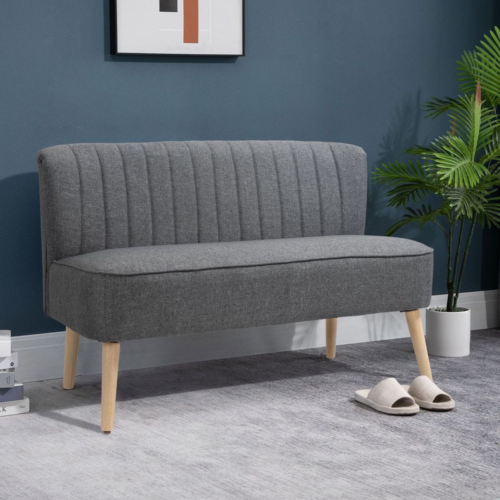 Grey Padded Linen Double Seat Loveseat Couch with Wooden Legs for Comfort