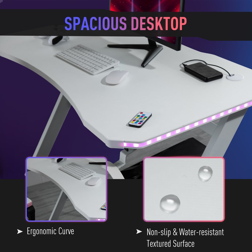 White Racing Style Gaming Desk with RGB LED Lights and Hook for Convenience