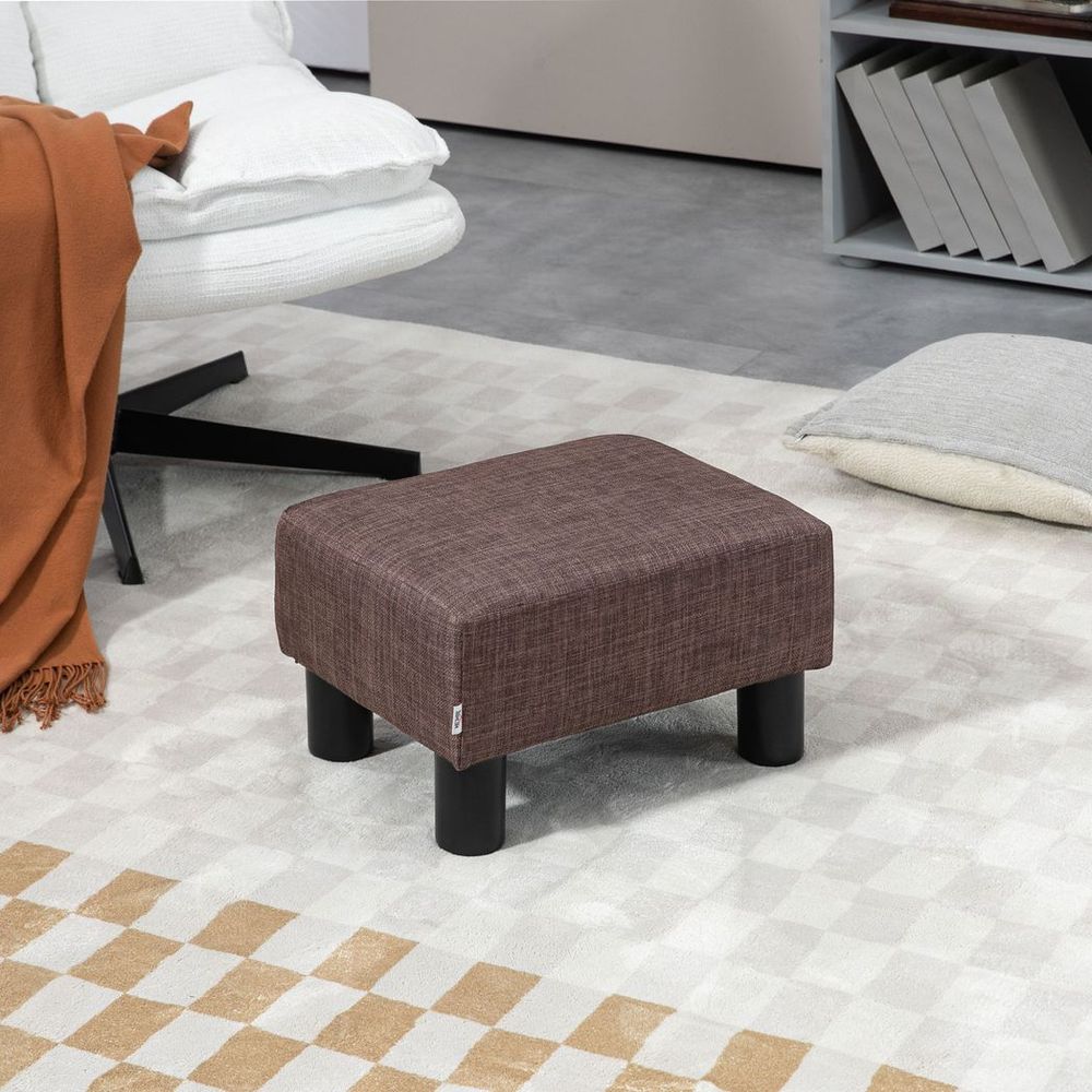 Stylish Brown Linen Fabric Footstool Ottoman Cube with 4 Plastic Legs for Modern Decor