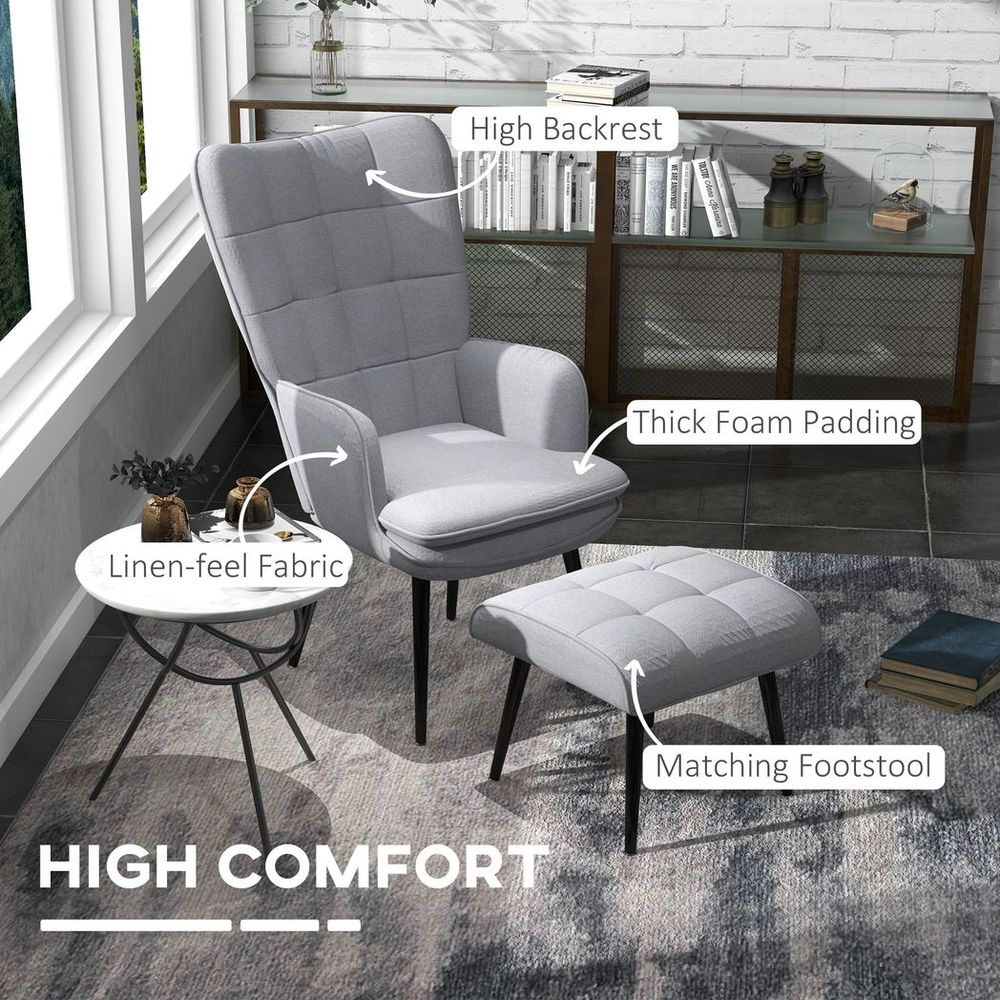 Light Grey Living Room Chair with Footstool and Sturdy Steel Legs for Style