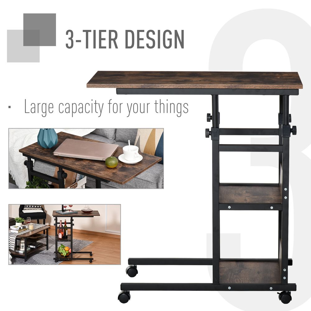 C-Shaped Mobile Sofa Bed Side Table with Adjustable Height, 3-Tier Cart