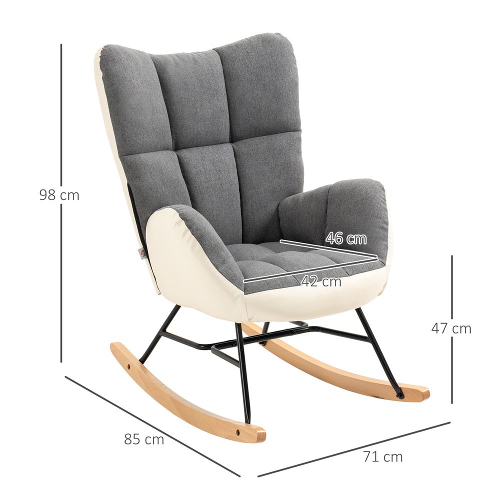 Grey and Cream Upholstered Wingback Rocking Chair for Comfortable Nursery Use