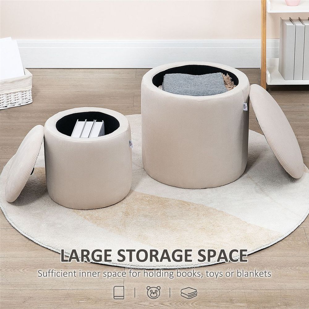 Set of 2 Modern Fabric Storage Ottomans with Removable Lid and Cream White Finish