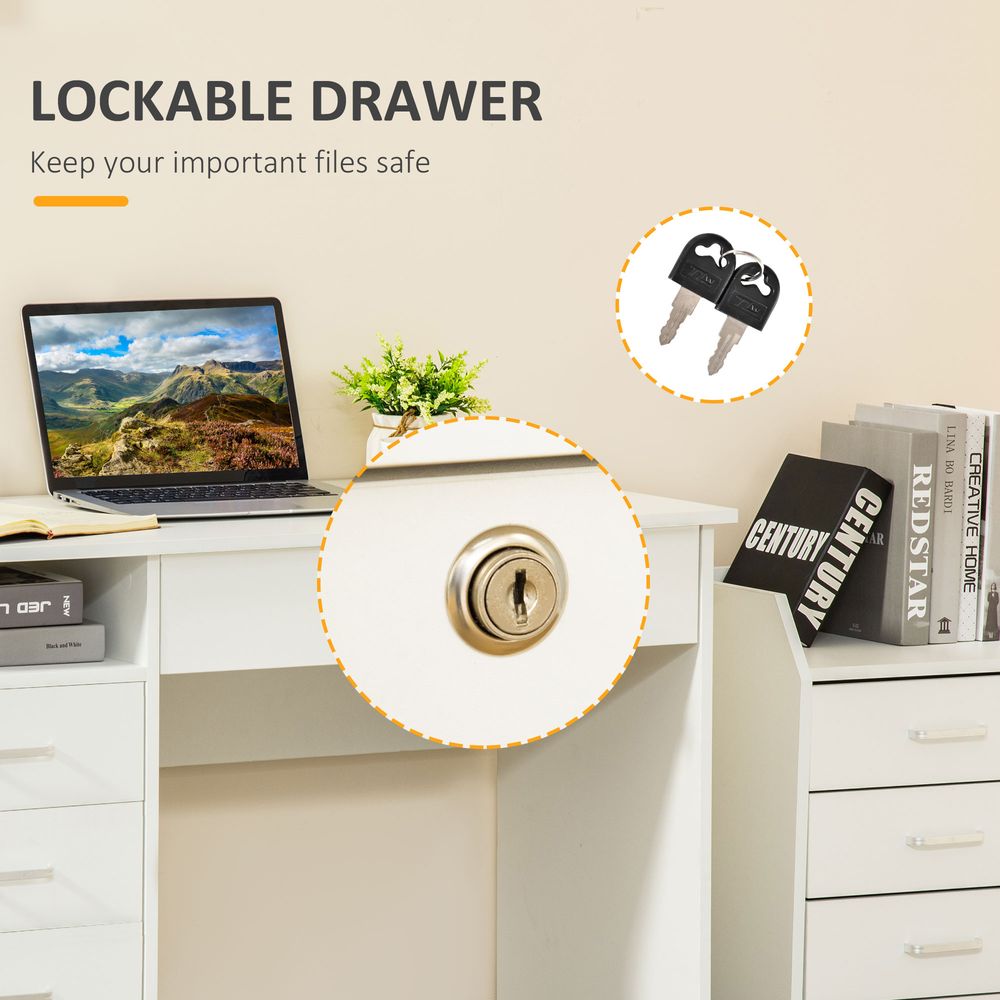 White Writing Desk with Five Drawers, Perfect for Organising Home Office Supplies