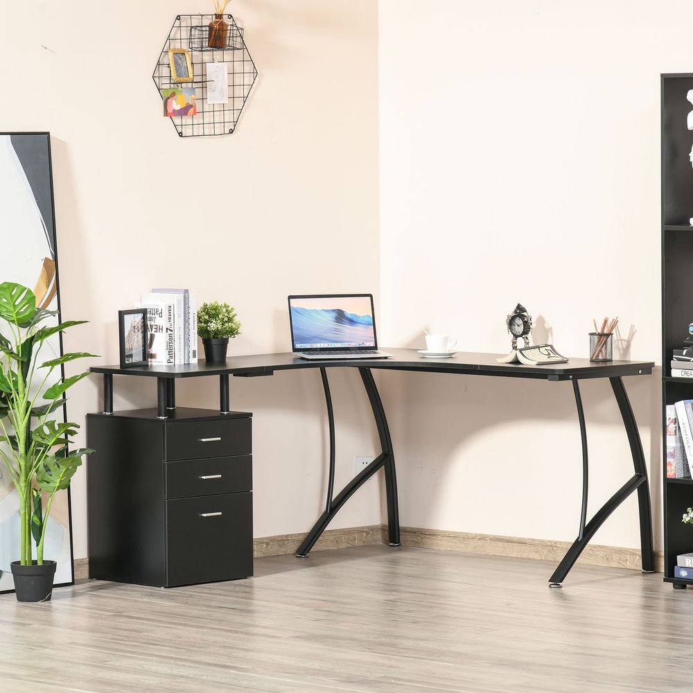 Black L-Shaped Corner PC Desk Table with Drawer for Home Office Workstation Use