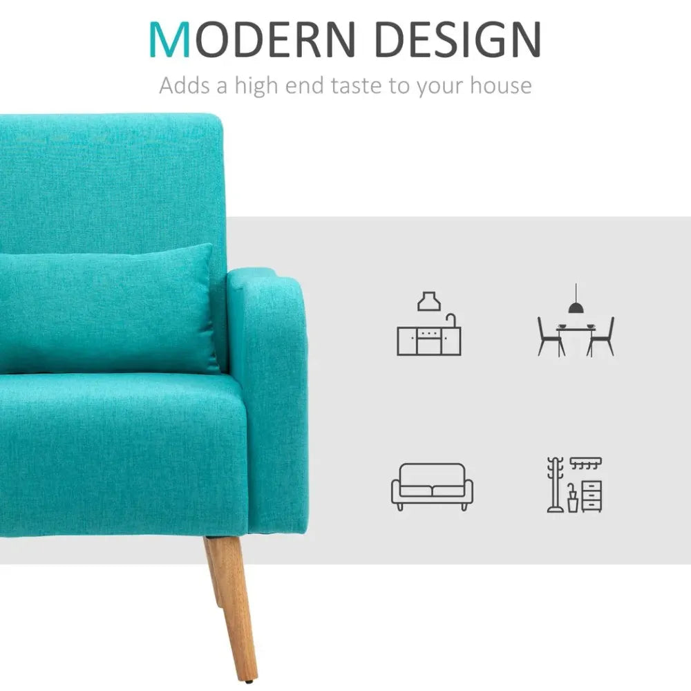 Nordic Armchair - Linen-Touch Sofa Chair with Cushioned Pillow, Wood Legs, Teal