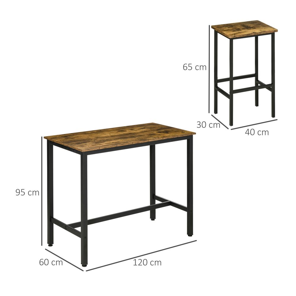 Rustic Brown 3-Piece Industrial Bar Table Set with 2 Stools for Counter Height
