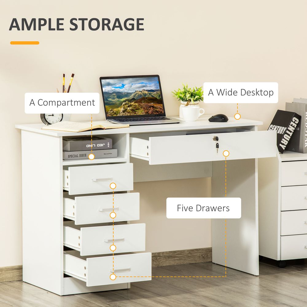 White Writing Desk with Five Drawers, Perfect for Organising Home Office Supplies