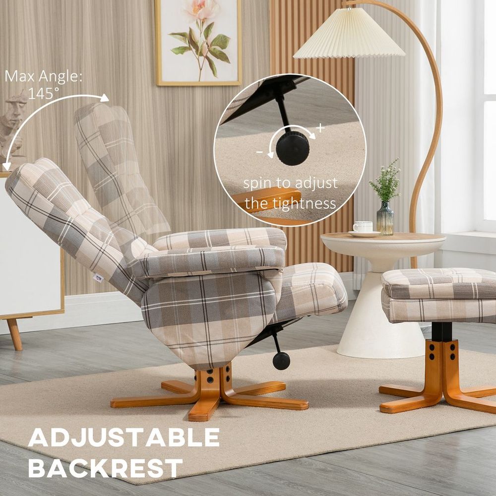 Recliner Chair with Footstool – Linen-Touch Fabric and Wooden Base – Multicolour