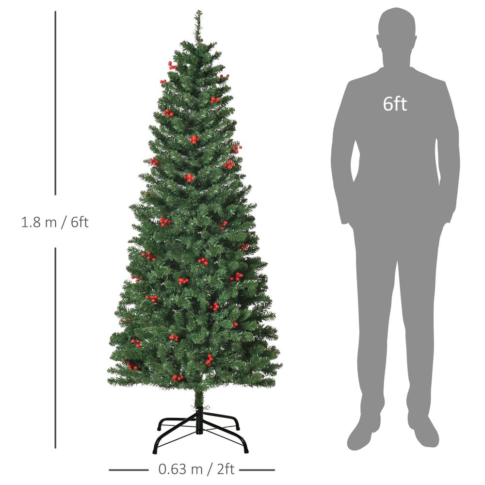 6ft Pre-Lit Artificial Pencil Christmas Tree with Warm White LEDs and Red Berries