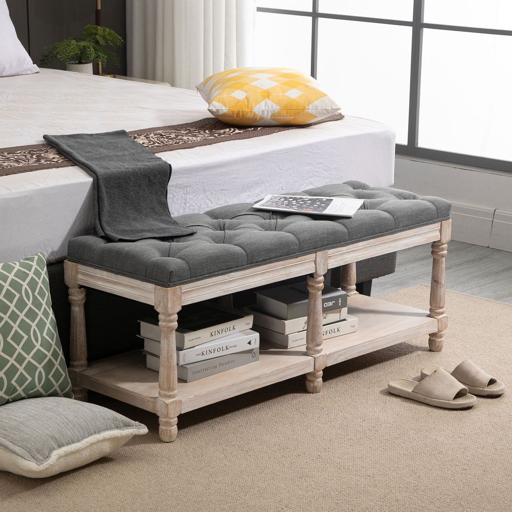 Grey 2-Tier Bed End Bench with Vintage Button Tufted Design for Elegant Window Seating