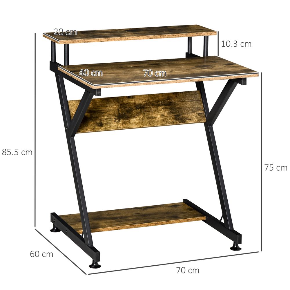 R-Shaped Brown Computer Desk with Monitor Shelf and Storage for Efficient Workspaces