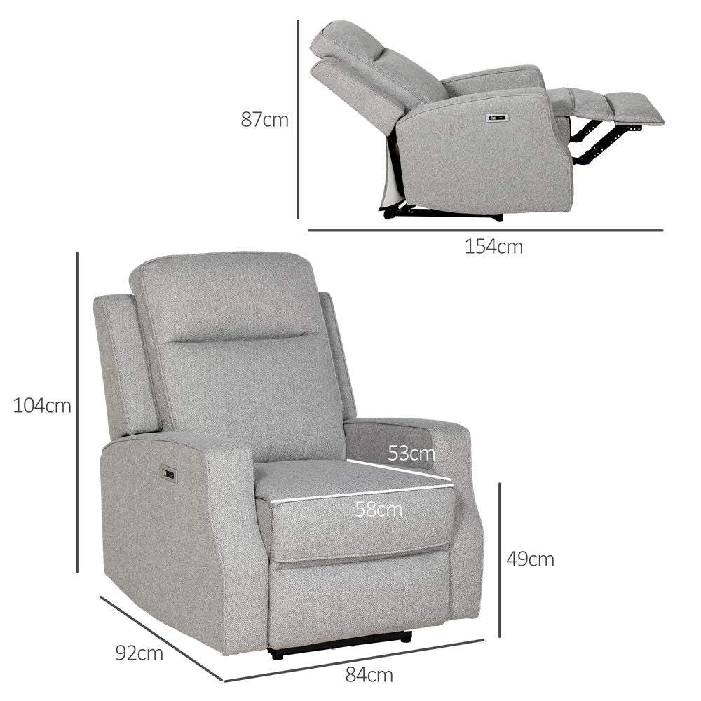 Grey Electric Recliner Armchair with USB Port, Comfortable Fabric Seating for Modern Living