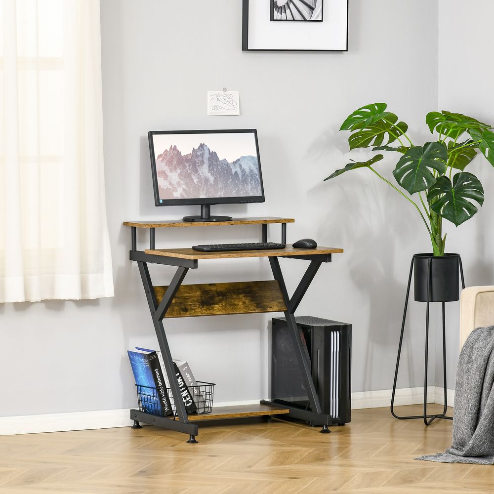 R-Shaped Brown Computer Desk with Monitor Shelf and Storage for Efficient Workspaces
