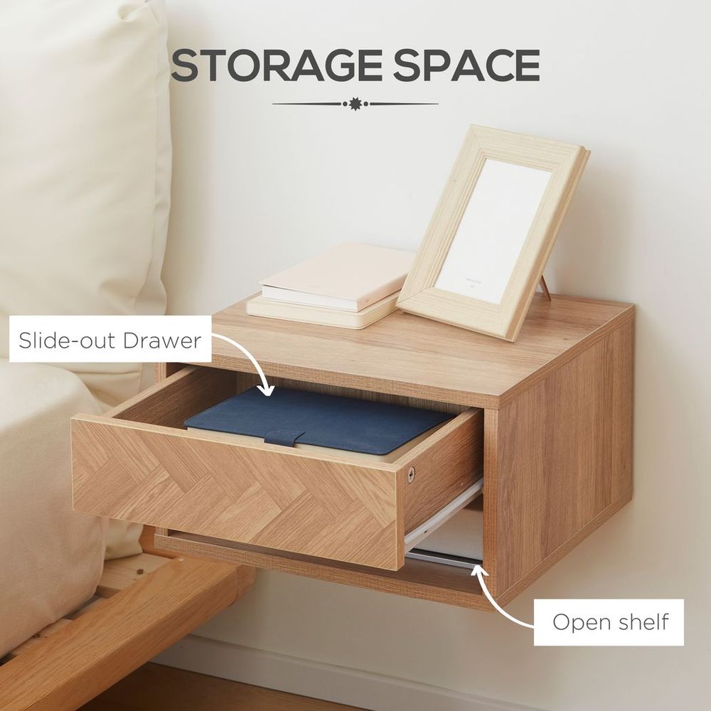 Natural Floating Bedside Table Set of 2, Wall Mounted Nightstands with Drawer for Compact Spaces