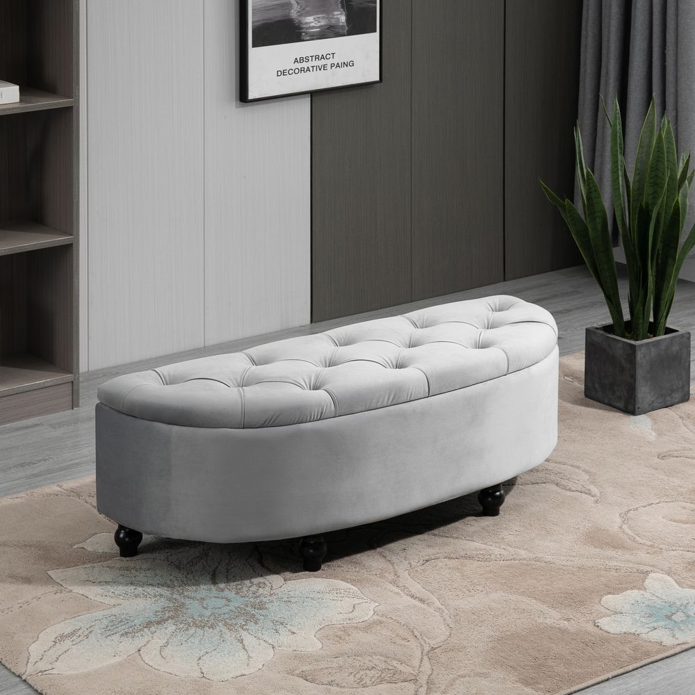 Tufted Semi-Circle Storage Ottoman Bench, Upholstered Accent Footrest for Decor