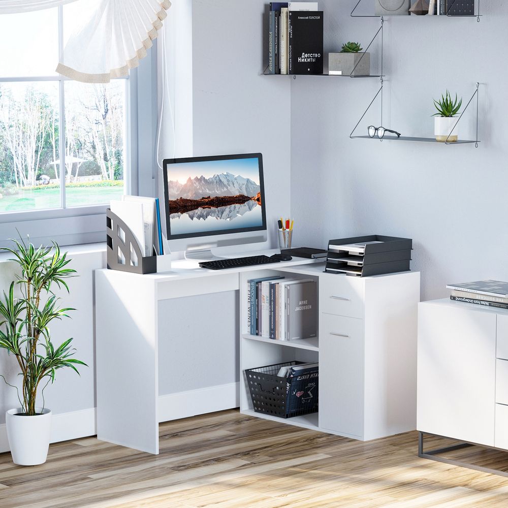 L-Shaped White Computer Desk with 360-Degree Rotating Functionality for Efficient Workspace