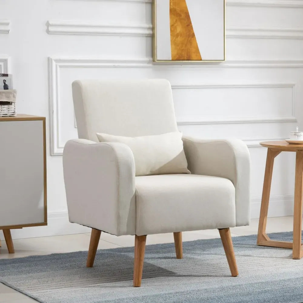 Cream Nordic Armchair with Linen-Touch Fabric and Cushioned Pillow for Comfort
