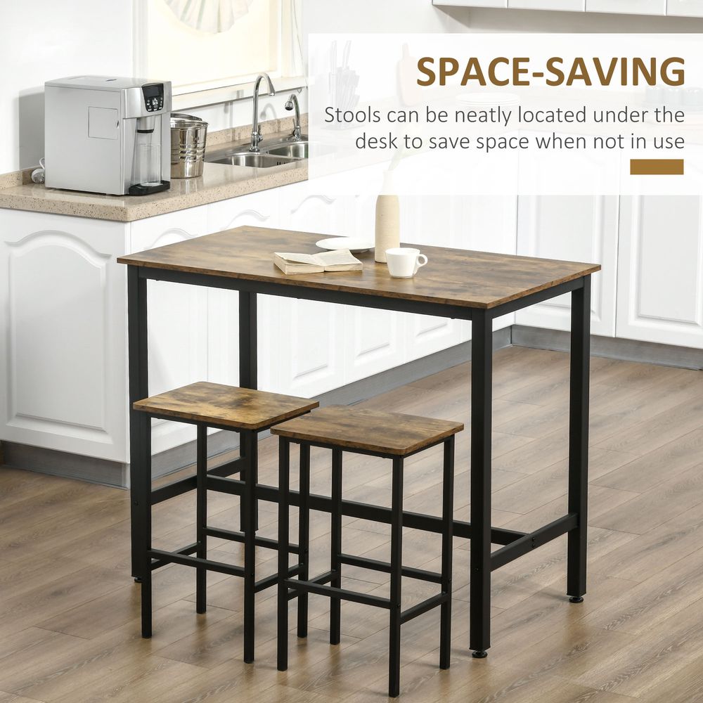 Rustic Brown 3-Piece Industrial Bar Table Set with 2 Stools for Counter Height