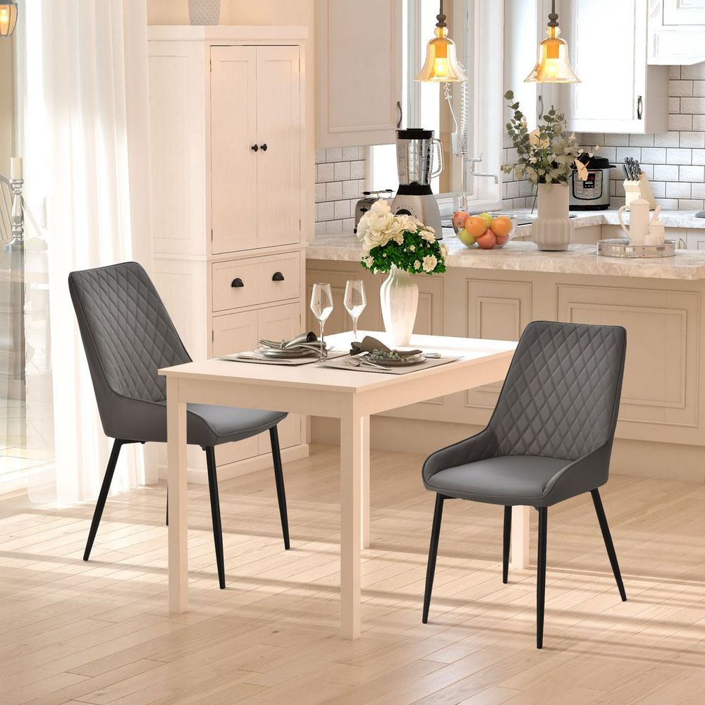 Set of 2 Quilted PU Leather Dining Chairs with Metal Frame and 4 Legs, Grey