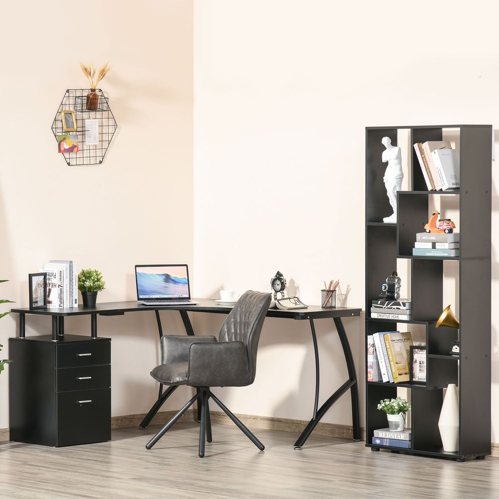 Black L-Shaped Corner PC Desk Table with Drawer for Home Office Workstation Use