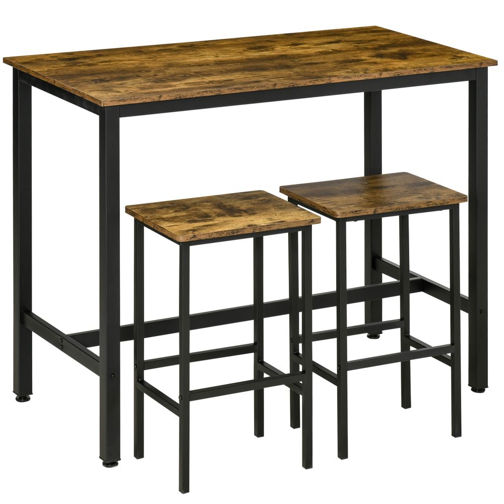 Rustic Brown 3-Piece Industrial Bar Table Set with 2 Stools for Counter Height