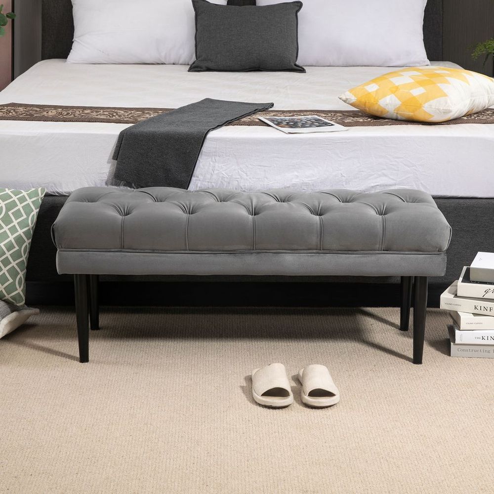 Button Tufted Upholstered Bed End Bench, Window Seat for Living Room in Grey