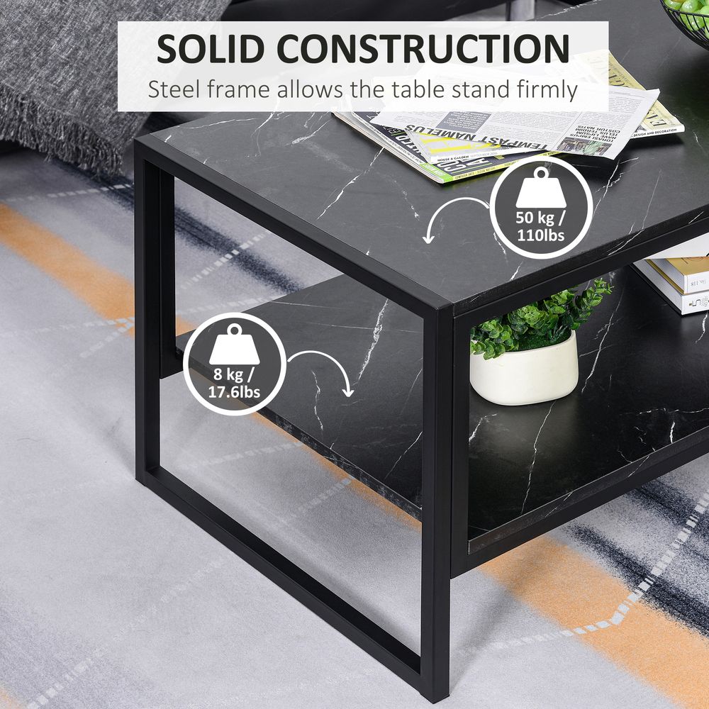 Two-Tier Laminate Marble Print Coffee Table with Metal Frame, Elegant Style