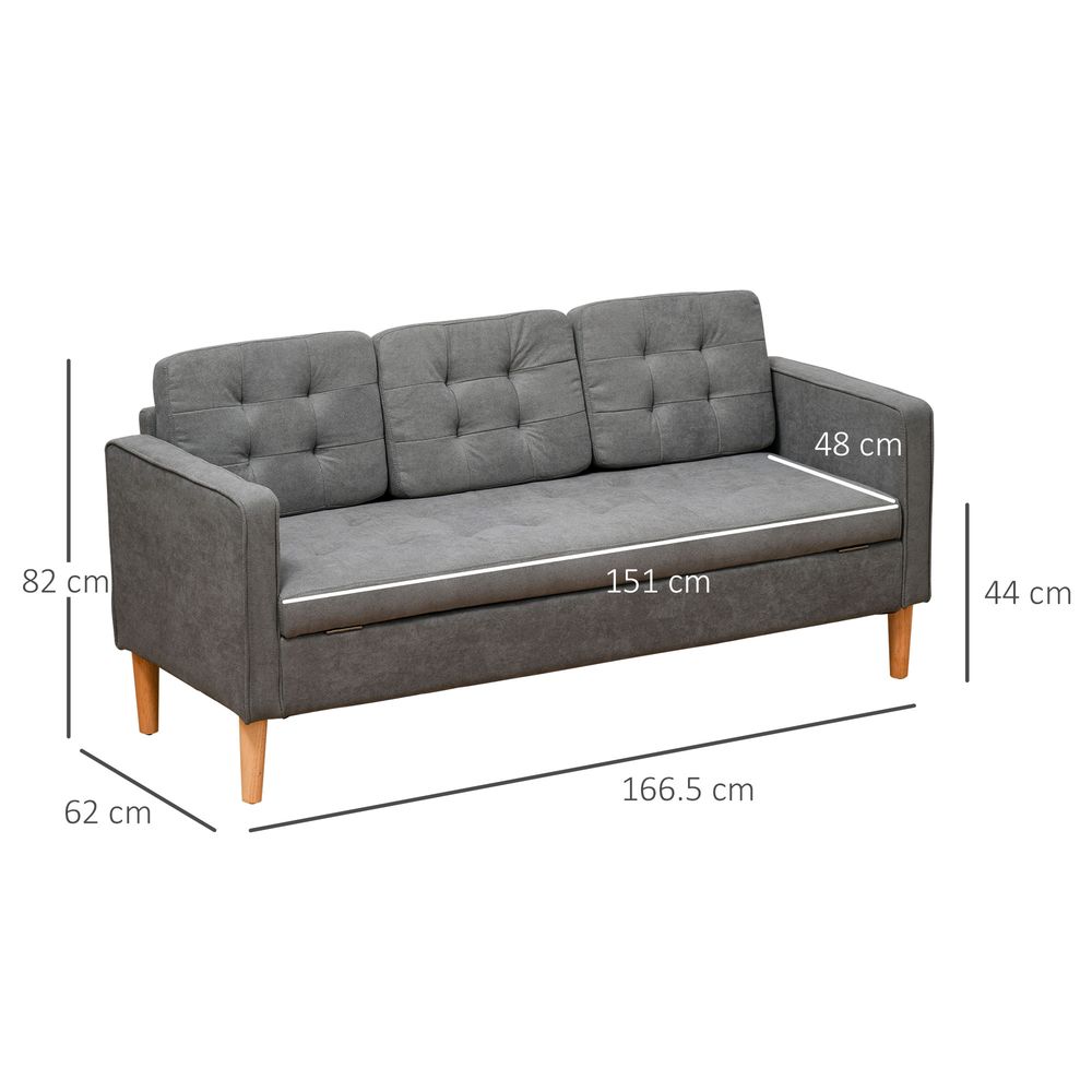 3-Seater Button-Tufted Fabric Sofa - Hidden Storage, Rubberwood Legs