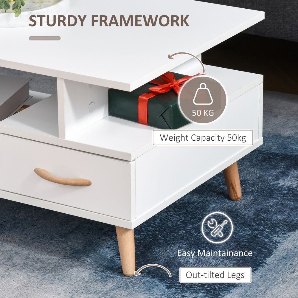 Coffee Table with Storage, Shelf, and Drawer, White Sofa Side Table