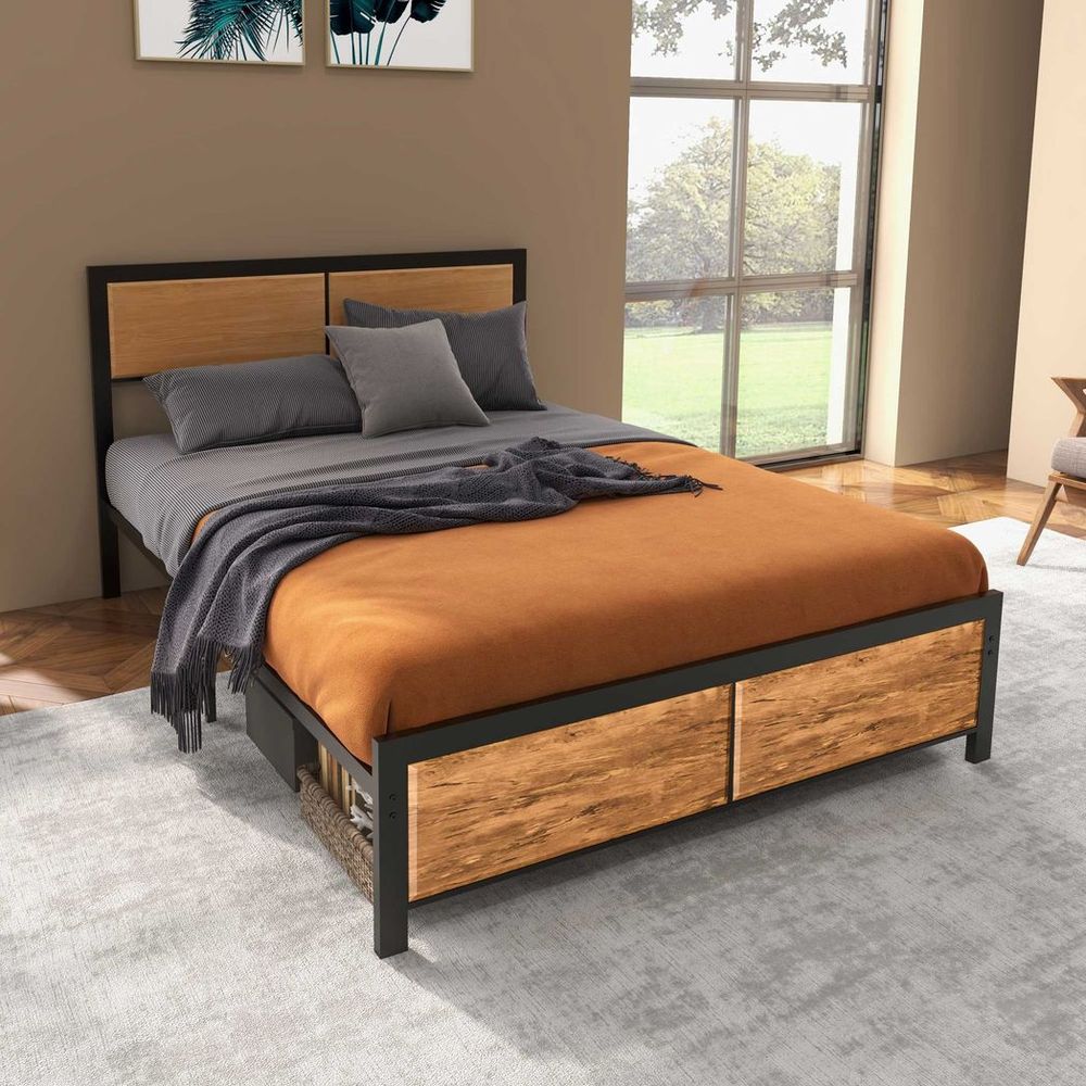 Brown Steel Bed Frame with Headboard, Double Size 147 x 197cm for Stylish Bedroom Setup