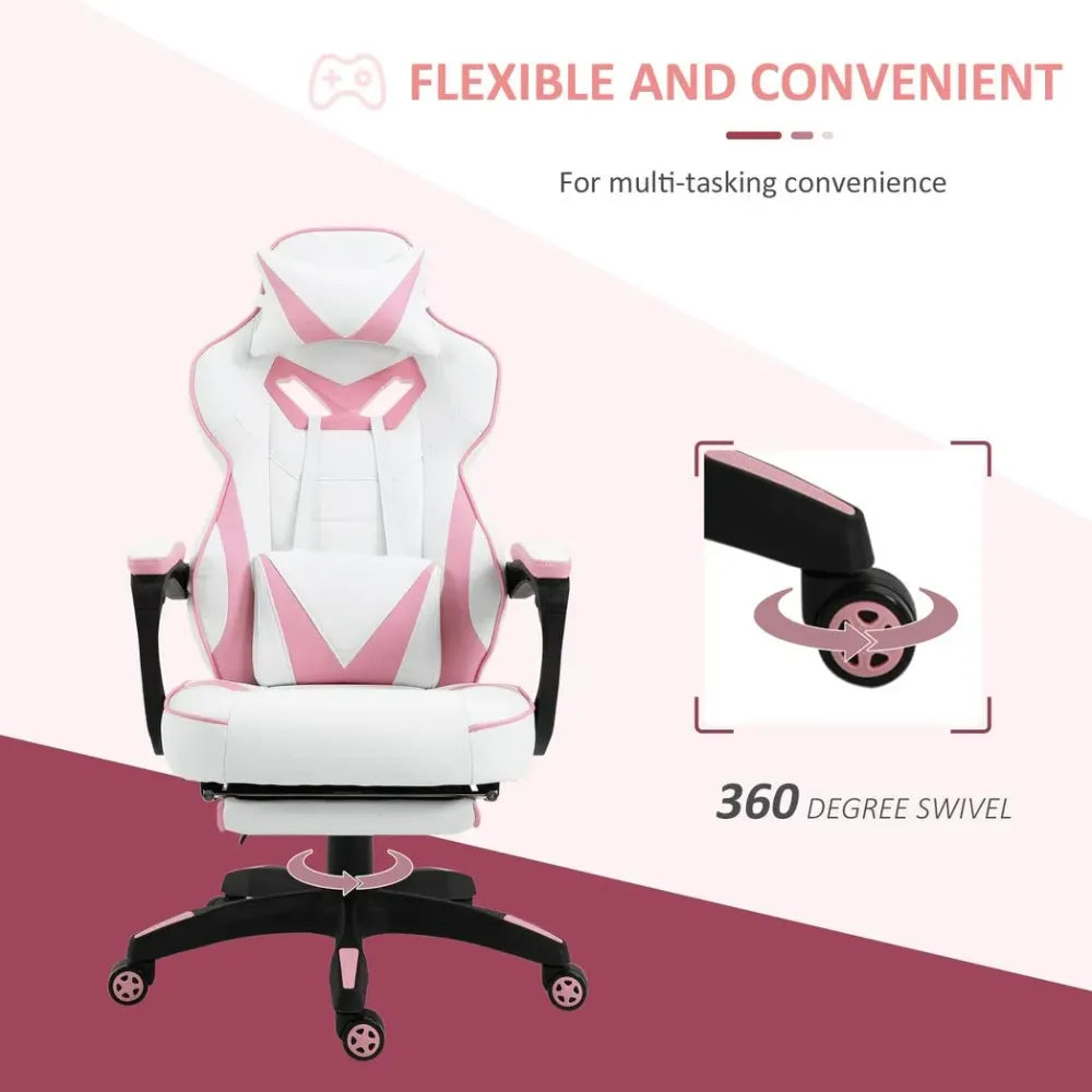 Pink Ergonomic Gaming Chair with Manual Footrest and Wheels for Stylish Offices