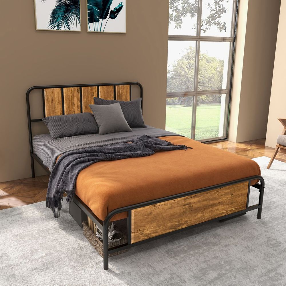 Brown Steel Bed Frame with Headboard, Double Size 145 x 199cm for Bedroom Elegance