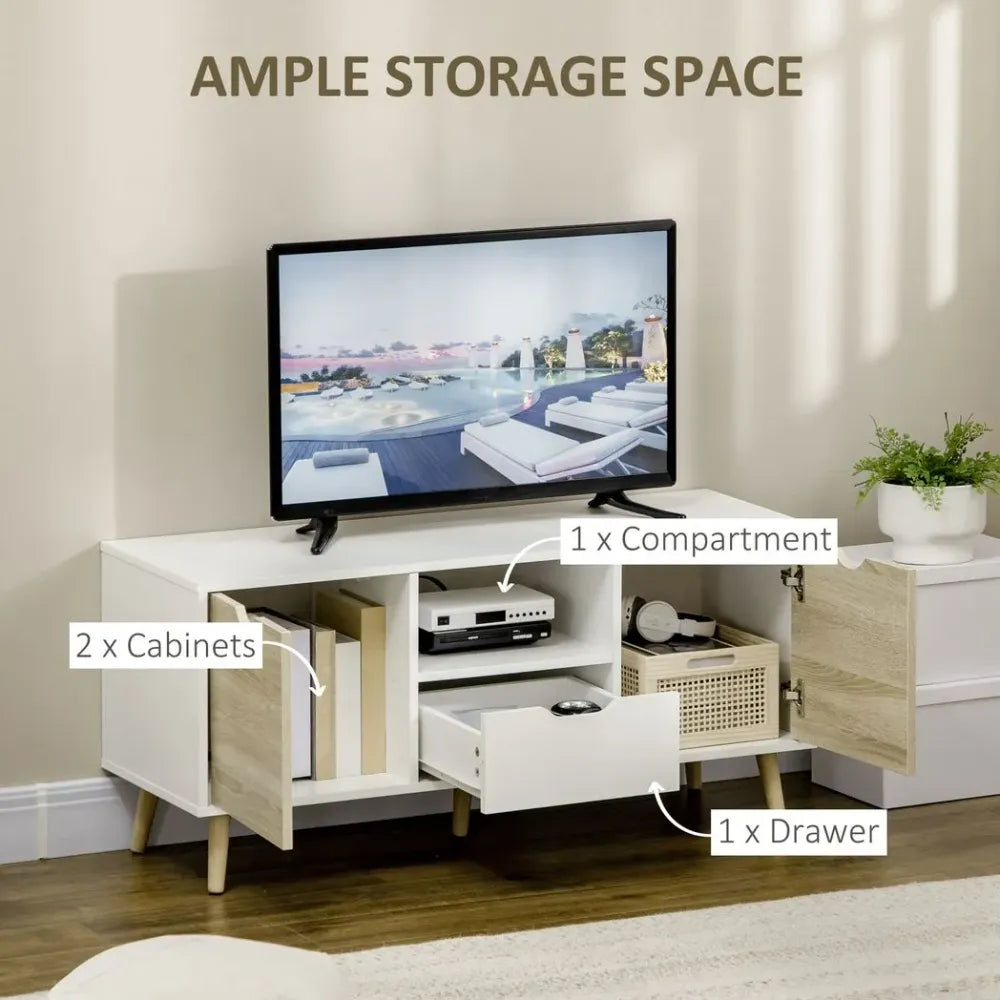 Modern TV Unit Cabinet with Drawers & Cabinets – Natural Wood Finish for Living Room