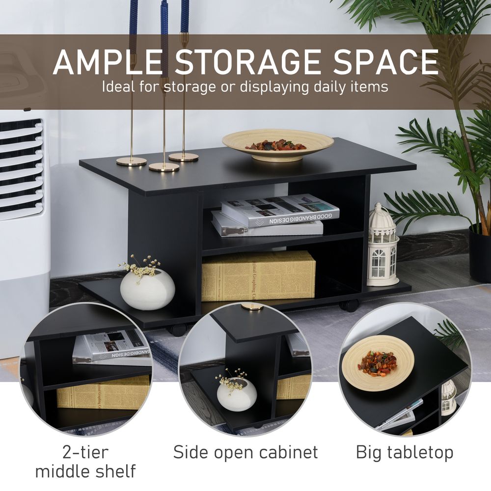 Black Mobile TV Stand with Bookshelves, Functional and Modern