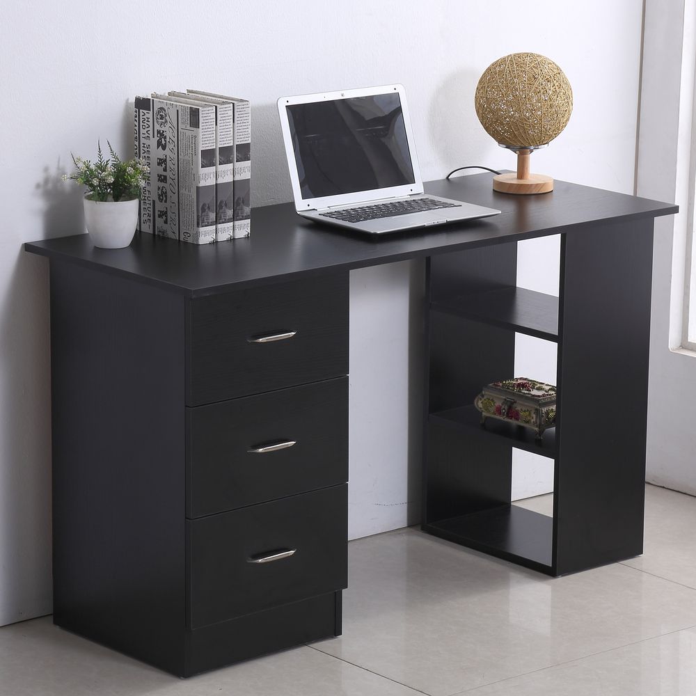 120cm Computer Desk Workstation with 3 Shelves and Drawers in Black - Ideal for Home Office Setup