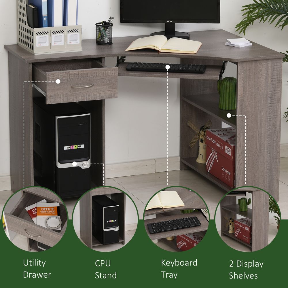 Grey L-Shaped Corner Computer Desk with 2-Tier Shelves and Spacious Table Top