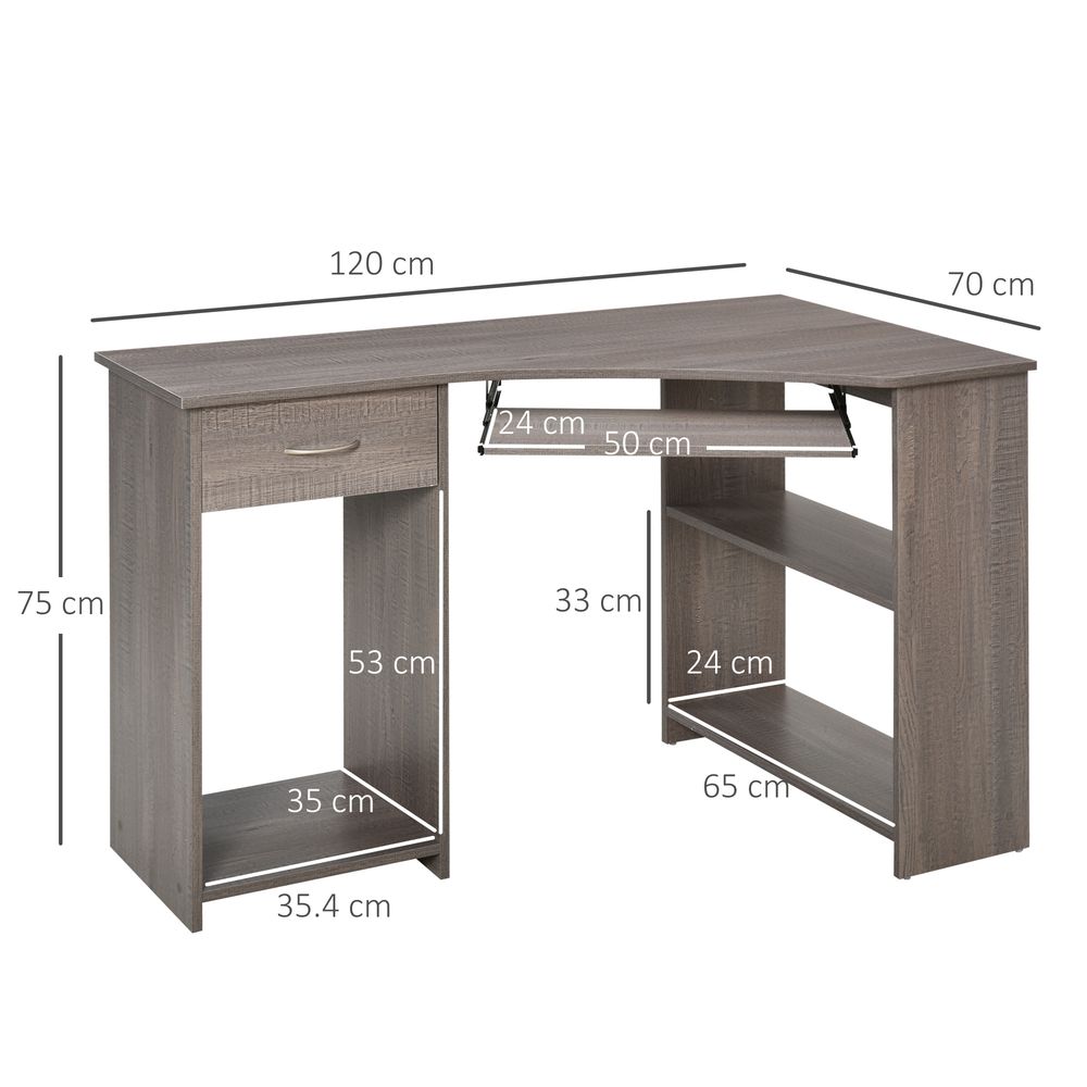 Grey L-Shaped Corner Computer Desk with 2-Tier Shelves and Spacious Table Top