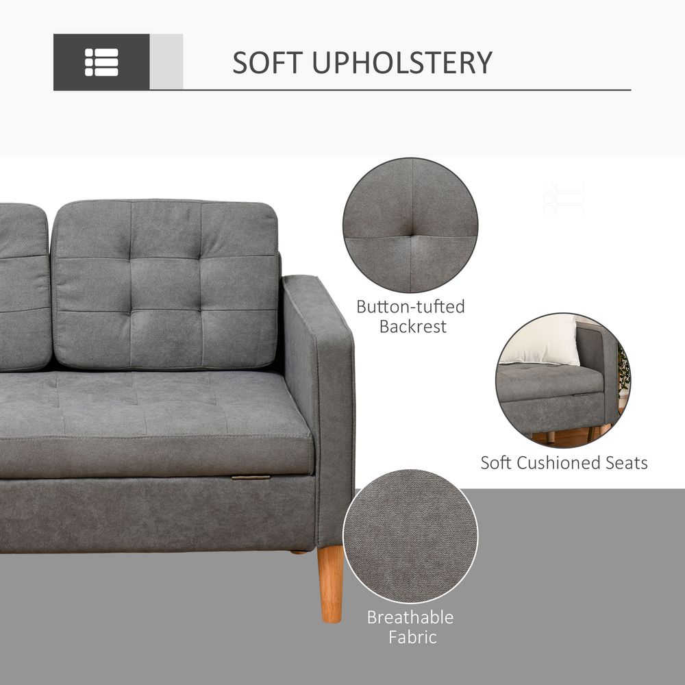 3-Seater Button-Tufted Fabric Sofa - Hidden Storage, Rubberwood Legs