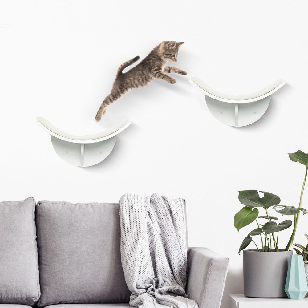 Wall-Mounted Wood Cat Shelf with Curved Climber and Comfortable Kitten Bed