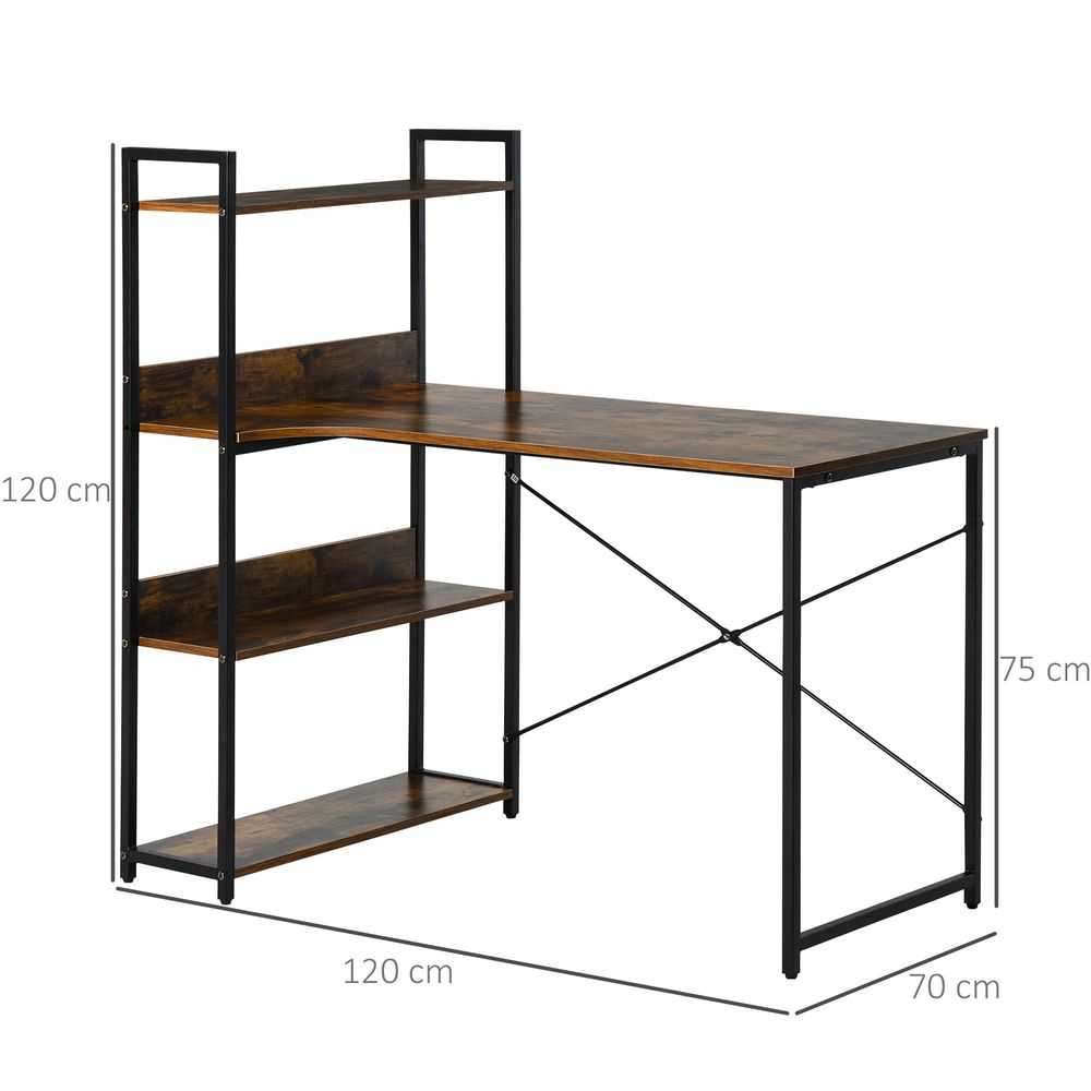 Retro Industrial Computer Desk with 4-Tier Storage Shelf Metal Frame, Brown