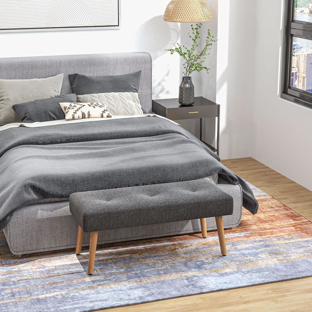 Upholstered Bed End Bench Ottoman: Tufted Linen for Entryway & Living Room