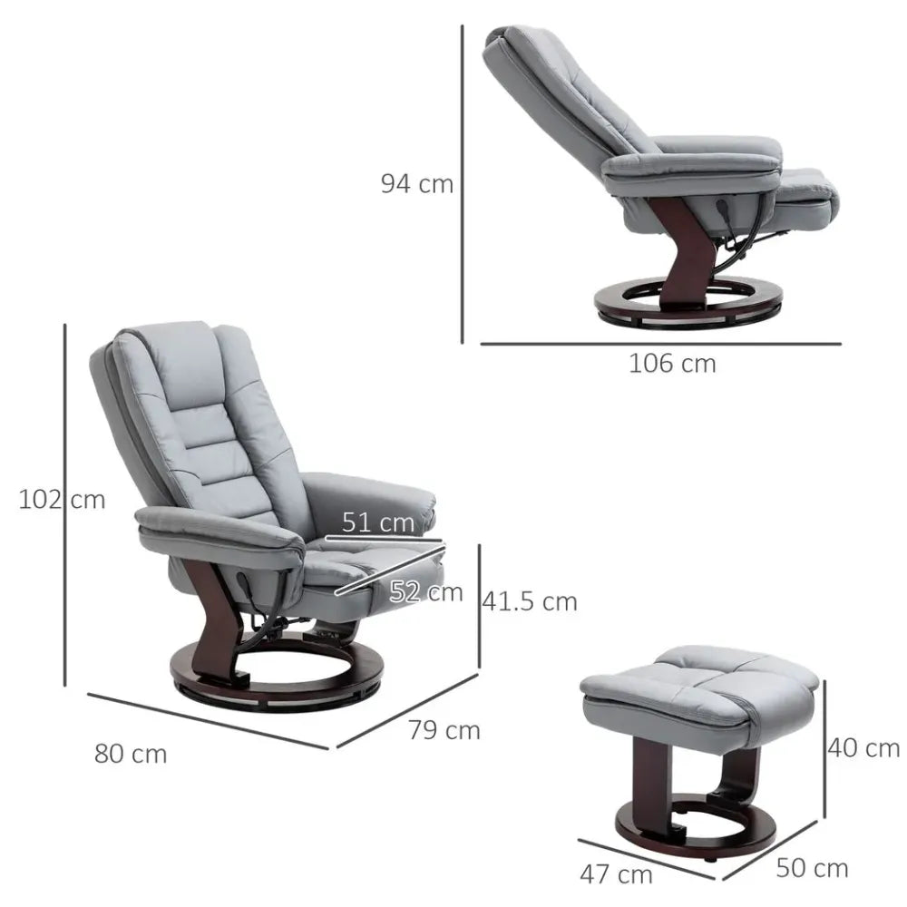 Grey PU Lounge Chair Set with Manual Recliner and Footrest on Sturdy Wooden Base